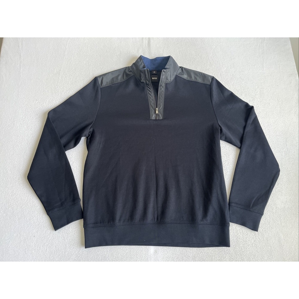 Hugo Boss Sidney 56 Men’s quarter zip pullover Navy Sweater Nylon Trim Sz L